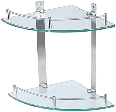Eckregal gehärtetem Glas, 2-stufiges Badezimmer-Glas-Eckregal, Wandhalterung Aus Gehärtetem Glas, Rostfrei Glasregal aus Edelstahl, Silber