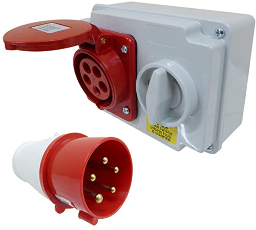 Enchufe entrelazado de 16 A y enchufe de 16 amperios, 5 pines, 3PNE 400 V, montaje en pared rojo, IP44 conmutado trifásico