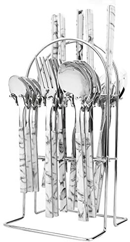 Snplowum 24-piece mirror silverware set with holder, stainless steel utensils with white marble texture handle, a complete flatware set for most families,