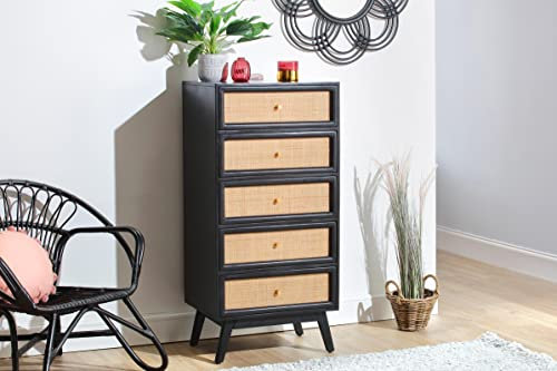 Desser 5 Drawer Rattan Chest Dresser - Natural Cane & Mango Wood 5 Chest of 5 Drawers - Black Handmade Wicker Storage Unit - Venice Collection Dresser Table for Bedroom/Living Room/Hallway