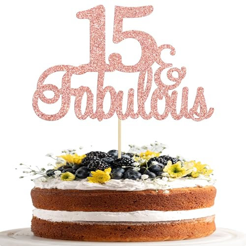 Gyufise 3Pcs 15 & Fabulous Cake Topper Rose Gold Glitter Fifteen and Fabulous Cake Toppers Happy 15th Birthday Cake Pick for 15th Wedding Anniversary Birthday Party Cake Decorations Supplies
