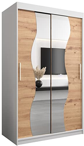 KRYSPOL Schwebetürenschrank Madryt 120 cm mit Spiegel Kleiderschrank mit Kleiderstange und Einlegeboden Schlafzimmer- Wohnzimmerschrank Schiebetüren Modern Design (Weiß + Artisan Eiche)