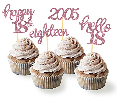 24 Stück Glitzer 18. Geburtstag Cupcake Topper, Geburtstagsdeko 18 von 2007 für 18. Geburtstag Junge, 18 Geburtstagsfeier Zubehör Party Dekoration Kuchendekoration (Rose Gold)