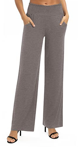 EXCHIC Damen Leichtgewicht Elastisch Hohe Taille Hose Casual Weite Bein Dehnbar Lounge Hosen mit Taschen (L, Schokolade)