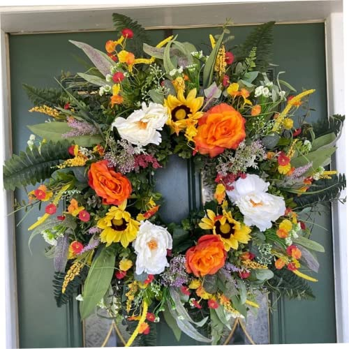 Hemore Frühlingskranz, 40 cm/15,7 Zoll künstliche Sonnenblumen -Türkranz, Rose Pfingstros
