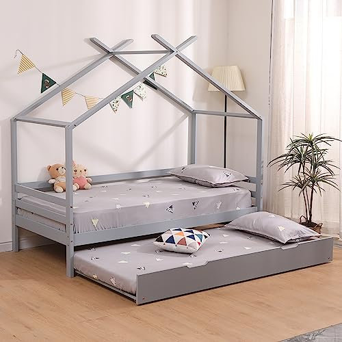 SlumberWorx Teddy Kids Wooden House Treehouse Single Bed Frame In White/Grey & Optional Guest Trundle & Mattress (Grey With Guest Trundle, No Mattress)