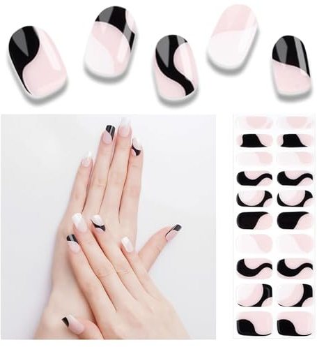 Foyute Semi Cured Gel Nail Strips, 20 Pcs Soft Self-Adhesive Gel Nail Polish Wraps Sticker for Salon-Quality Manicure Set,Long Lasting,Easy to Apply & Remove, Nail File & Wooden Stick