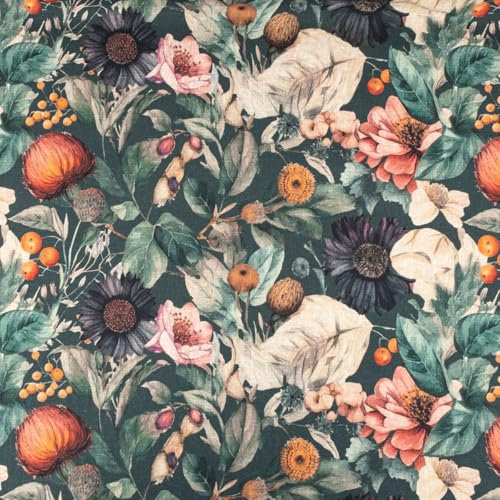 SCHÖNER LEBEN. Baumwollstoff Canvas Vorhangstoff Vintage Blumen dunkelgrün 1,40m