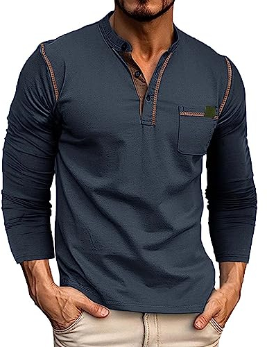 BBring Henley Pullover Herren,Herren Henley Shirt Hemd Basic Langarm Knopfleiste Waffel Shirt Freizeit Baumwolle T-Shirt mit Brusttasche(Y3-Blue, L)