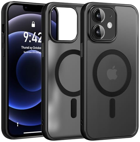 Opkiegrn Cover Magnetica per iPhone 12/12 pro Compatibile con Magsafe, Custodia Traslucida Opaca Posteriore, Sottile Antiurto [Anti-Impronte] Protettiva Case per iPhone 12/12 pro, Nero