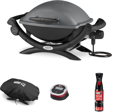 Weber Q1400 Barbacoa Eléctrica, Gris, 52020079 + Weber 7117, Funda de vinilo para Weber Q serie 100 y 1000 + Weber iGrill 2-50, 380°C Digital Termómetro de Comida + Weber Cleaner Q & Pulso Limpiador