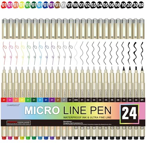 CHARSOCO 24 Pack Micro Pens, 12 Colors & 12 Black in 0.23mm - 5mm, Waterproof Archival Ink, Fine Point Pen for Artist Illustration, Sketching, Anime, Manga and Technical Drawing