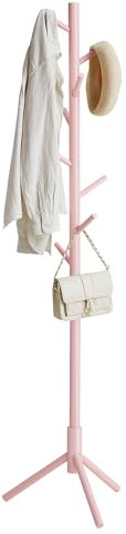 VASAGLE Garderobenständer, Kleiderständer aus Massivholz, Garderobe in Baumform, 8 Haken, 3 verstellbare Höhen, für Kleidung Hut Tasche, Wohnzimmer Schlafzimmer Büro, pastellrosa RCR004R01