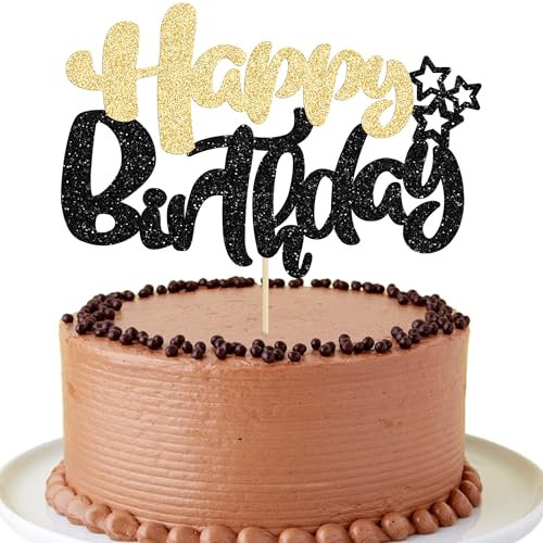Ephlyn 1Pcs Happy Birthday Cake Topper Glitter Happy Birthday Cake Pick for Celebrating Happy Birthday Anniversary Theme Party Cake Decorations Supplies Black Gold