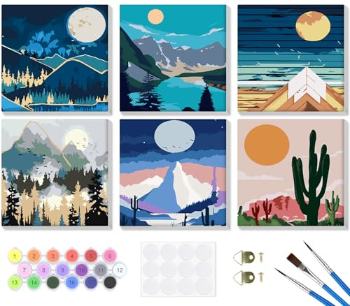 Lxmsja 6 Pièces Peinture par Numéro avec Cadre, Paysage Colorés pour Adulte et Enfant, Numéro d'Art avec Pinceaux, Loisirs Créatifs, Activité Manuelle, 20x20cm