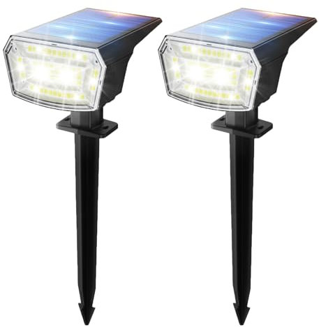 TECKNET Solar Spot Lights Outdoor Garden - Dusk to Dawn 6500K Cool White Light Solar Powered, 3 Brightness Levels Pathway Lighting IP65 Waterproof for Outdoor Pathway/Yard/Landscape, 2 PCS
