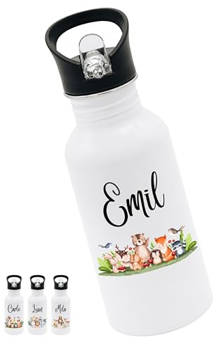 Bärenfreunde Personalisierte Trinkflasche, Edelstahl Wasserflasche, 500ml | Thermosflasche, Metallflasche mit Gravur, Thermoskanne mit Namen, Strohhalm, plastikfrei, Grundschule