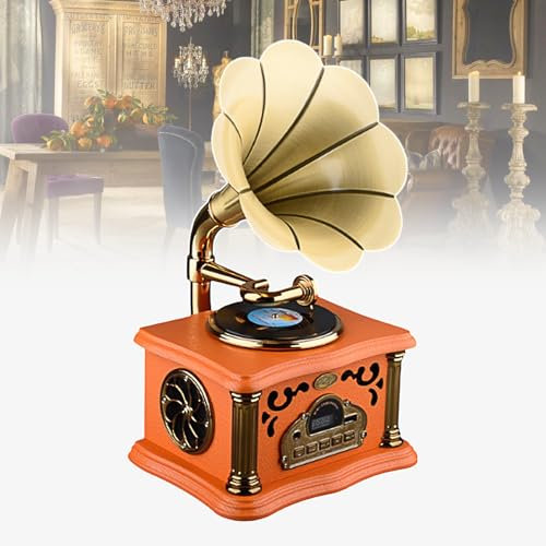 Retro Bluetooth Speaker & Music Player with FM Radio,Gramophone Shape, Home Ornaments Made of Copper and Solid Wood, Supports U Disk Input,Orange