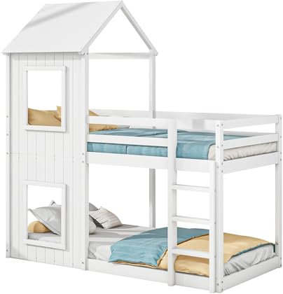 Azkoeesy Etagenbett Kinderbett mit Fallschutz und Lattenrost, Kinder-Hausbett, weiß, 90 x 200 cm