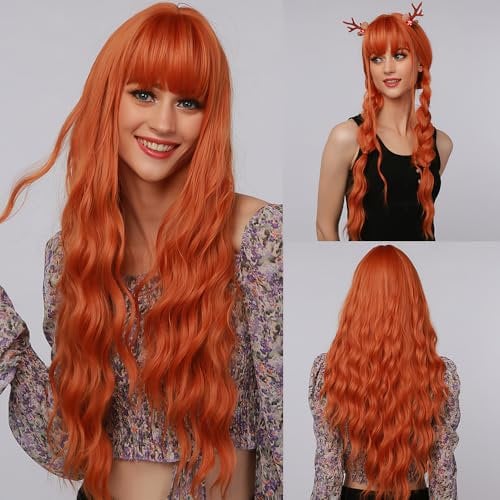 CGVG Orange Lange Lockige Gewellte Perücke mit Pony für Damen Natürliche Synthetische Hitzebeständige Perücke für Party tägliche Tragen Fasching Halloween (Orange-2)