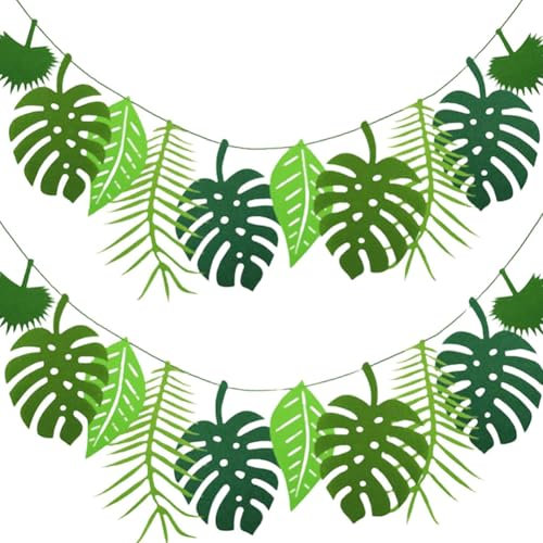 2 Stück Dschungel Deko Geburtstag, Tropische Blatt Banner Girlande Tropische Blätter Banner, Tropische Blätter Girlande Wiederverwendbare Dschungel Geburtstag Dekoration für Hawaii Thema Party