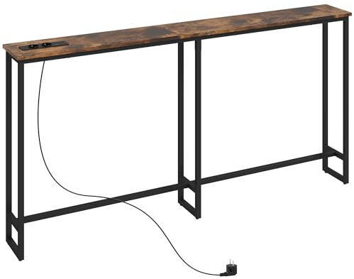 HOMCOM Mesa de Consola Estrecha 160 cm con Estación de Carga Consola de Recibidor Mesa de Sofá Marco de Acero Estilo Industrial para Pasillo Entrada Salón Dormitorio Marrón Rústico