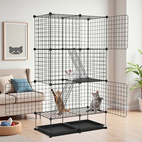ORHEYA 3 Ebenen Katzenkäfig Freigehege für Draußen & Drinnen, DIY Metall Katzengehege Katzenhütte mit Abnehmbarer Bodenwanne, 2 Leitern & 3 Türen – Laufstall für Katzen, Chinchilla, Kaninchen