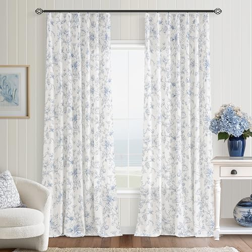 Blaue Vorhänge mit Blumenmuster, 228 cm Länge, plissierte Rückseite, Bauernhaus, Wohnzimmer, Esszimmer, Lichtfilterung, Leinen-Vorhänge, blaue Blume, Skizze, Muster, Druck, ästhetischer Küstenstil