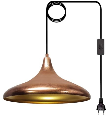 bamyum Champion Hängelampe Kupferfarbe mit Stecker 35 cm, Pendelleuchte mit EU-Stecker, Hängeleuchte Metall mit 450 cm Kabel, Schalter, Schalterschachtel, Küchenlampe