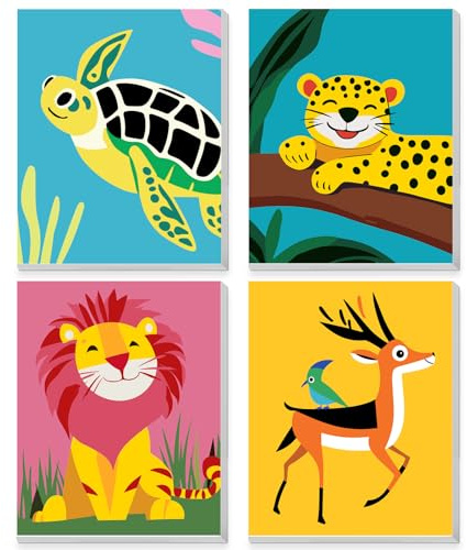QENSPE Pintura por Números para Niños con Marco Edad 6-12, 4 piezas Animal Paint by Numbers Kit para Adultos Lienzo Enmarcado Pintura Decoración Regalo para Niño, 20x25cm, Ciervo+Tortuga+León+Leopardo