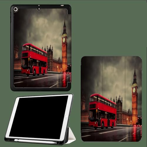 Hülle für iPad 9,7 Zoll 2018/2017, Weicher TPU Rückseite Ultradünn Leicht Smart Schutzhülle, Auto Schlafen/Wecken Hülle mit Stifthalter Londoner Bus Big Ben Retro Urban-Grau