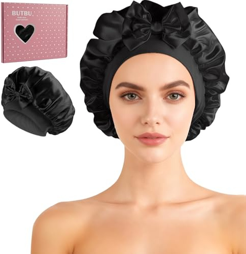 BUTBU Seidenmütze, Schlafhaube aus 100% Maulbeerseide für Damen, 22 Momme Doppellagige Haube aus Echter Seide, für Geeignet, Schlafen, Hautpflege, Haarschutz, zum Lange, Lockige Haare(Schwarz)
