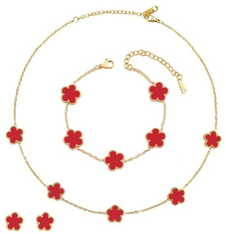 ZHITENG Fünfblättriges Kleeblatt Schmuckset, Einstellbar Fünfblättriges Kleeblatt Armband, Blumenmuster Kette, 3 Teiliges Set Geeignet für Ehefrau, Freundin, Braut, Mutter, Tochter