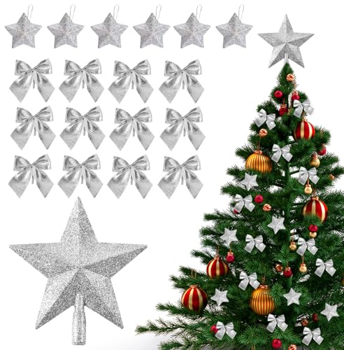 19 Stück Weihnachtsbaumspitze Stern Silber, Schleifen Weihnachtsbaum Deko | Christbaumspitze, Glitzer Weihnachtsschleifen, Klein Stern Bruchsicher, Silber Weihnachtsbaumschmuck