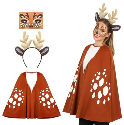 Vxcvzv Reh Adult Accessoire Set, 3-teilig mit Umhang, Haarreif & Gesichtsaufklebern für Erwachsene