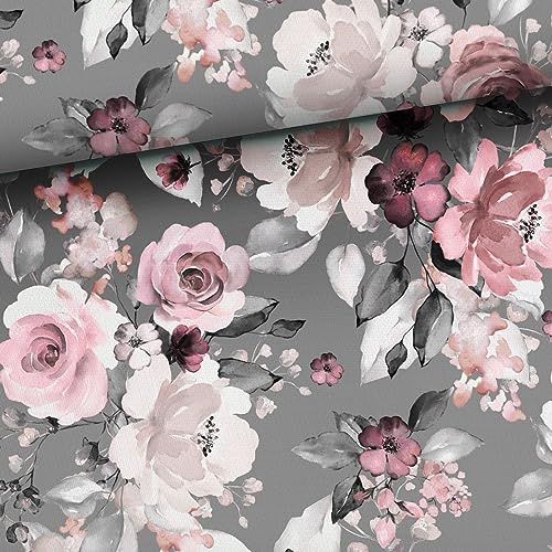 je 50x160cm Blumen Jersey Stoff in Meterware - Kinderstoff & Damenstoff - Stoffe zum Nähen für Frauen, Kinder & Baby mit Rosen - Frauen & Mädchen Jerseystoff mit Rosen - grau rosa pink
