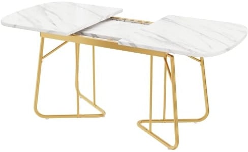 DHWDS Table extensible blanche aspect marbre et pieds en métal doré - Table à manger rectangulaire extensible 140-180 x 80 cm - Design de luxe pour 4 à 6 personnes