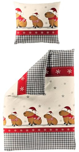JACK by Bierbaum Biber Bettwäsche 2 TLG. 135x200cm Capybara Sterne Karo Weihnachten Rot Creme