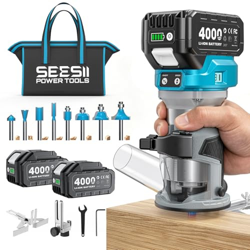 SEESII Fresatrice Verticale a Batteria, Brushless con 2 batterie da 4,0 Ah | Fresatrice per Legno 33000 Giri/min 8 velocità, Base in alluminio, Display a LED, Fresa da 1/4, per la Lavorazione del Legno