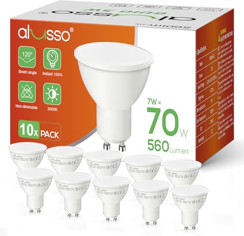ALUSSO GU10 LED Warmweiss 3000K Lampen 7W, 560LM Leuchtmittel GU10, Energiesparlampe 50W Lampe Ersetzt, 120° Abstrahlwinkel Spotlight, Nicht Dimmbar, 10 Stück