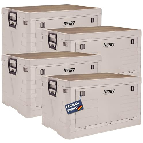 Trucky Storage Box mit Deckel Camping Klappbox Klappkiste Aufbewahrungsbox | 4er Set 75 L, 58 x 40 x 33 cm, Beige, faltbar, Aufbewahrung, Kiste