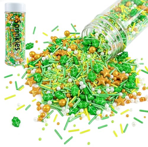 Morofme Blätter Streusel 130g mit Zuckerperlen Gold, Sterne, Zuckernadeln | Bunte Zuckerstreusel für Cupcake Topper, Kekse, Sprinkles Cake Decoration für Geburtstag, Jubiläum, Thema Partydeko