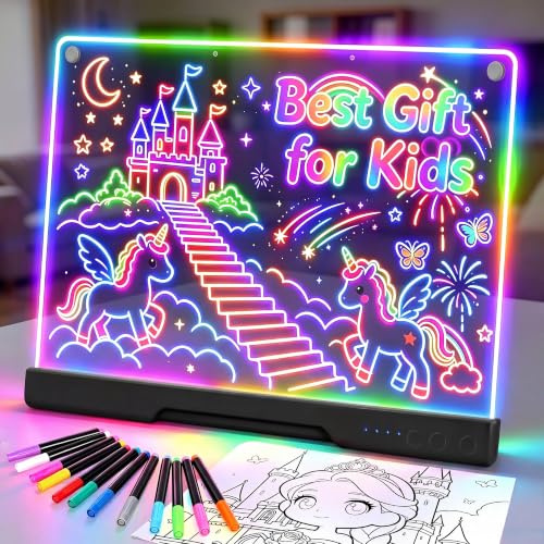 19 Zoll LED Zeichenbrett Kinder, Wiederaufladbare LED Maltafel 40x30cm, Geschenk Jungen 3 4 5 6 7 8 9 10 Jahre Spielzeug ab 3-10 Jahre Jungen, Doodle Notiztafel mit 7 Farbmodi, 12 Stiften, Schwarz