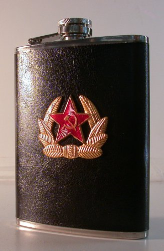 Flachmann aus Edelstahl mit Schraubverschluss Lederimitat roter Stern mit Hammer und Sichel Ährenkranz CCCP RUSSLAND SOWJETUNION