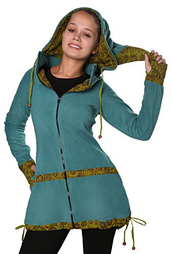 Kunst und Magie kurzer Damenmantel aus Fleece mit Abnehmbarer Zipfelkapuze Fairy, Size/Größe:42;Farbe:Petrol/Grün