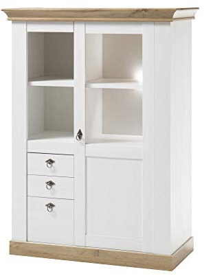 Beauty.Scouts Vitrinenelement Côte d’Azur, Pinie weiß/Wotan Eiche NB, 102 x 139 x 44 cm, Schrank, Wohnzimmer, Vitrinenschrank, Schrankvitrine Ausführung ohne Beleuchtung