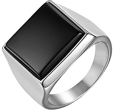 JewelryWe Schmuck Herren-Ring, Edelstahl Quadrat Siegelringe Bandringe Punk Hochzeit Engagement Ringe mit Gravur, Silber Schwarz, Größe 65