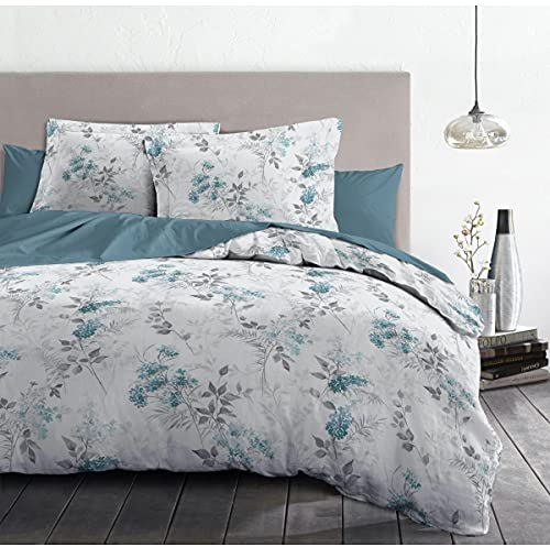 Home Linge Passion Housse de Couette 220x240 100% Coton 57 Fils - 3 Pièces pour Lit 2 Personnes - Blanc Argile & Bleu Modèle Pompadour