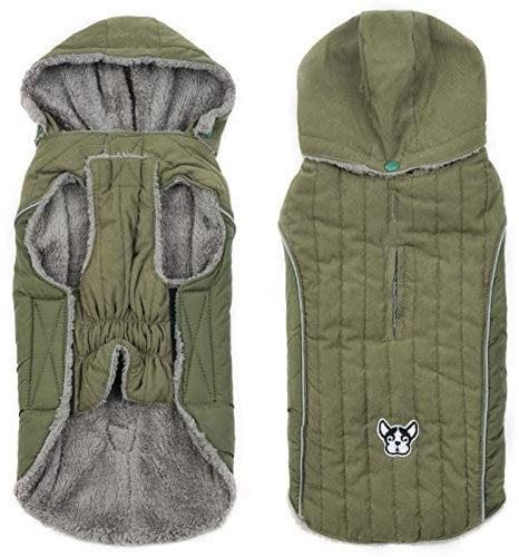 Ctomche Dog Winter Coat, Extra Warm Winter Dog Jacket with Fleece Lining and Harness Hole,Dog Cold Weather Coats Warm Dog Hoodie Reflective Adjustable Small Dog Jacket Pet Outdoor Clothes Green-L