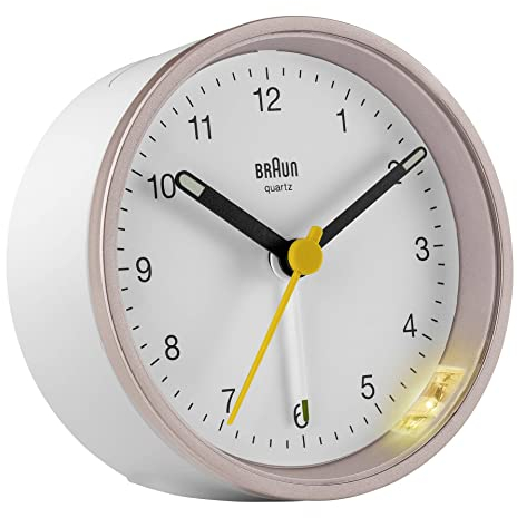 Braun klassischer analoger Quarzwecker in Pink-Weiß/Schlummerfunktion & Lichtfunktion/ruhiges Präzisions-Quarzuhrwerk/leuchtende Zeiger/Crescendo-Alarm/Modell BC12PW